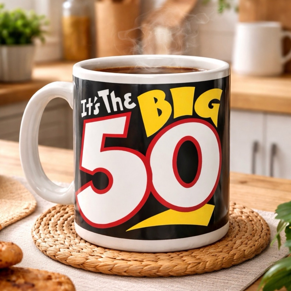 Russ Black, White, and Yellow Big 50 Mug
